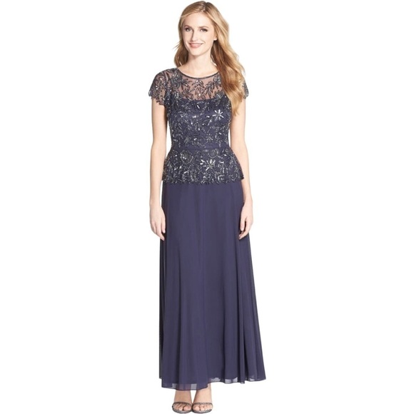 NWT Pissaro Nights Sz 14 Beaded Mesh Mock Two-Piece Formal Gown Navy - Picture 1 of 10
